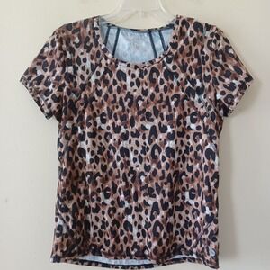 Gottex Lg Workout‎ Top Round Neck Short Sleeve Animal Leopard Print Fitted Gym